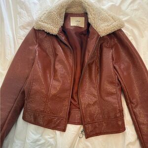 Wilfred Burgundy Patent Leather Jacket with Sherling Collar
